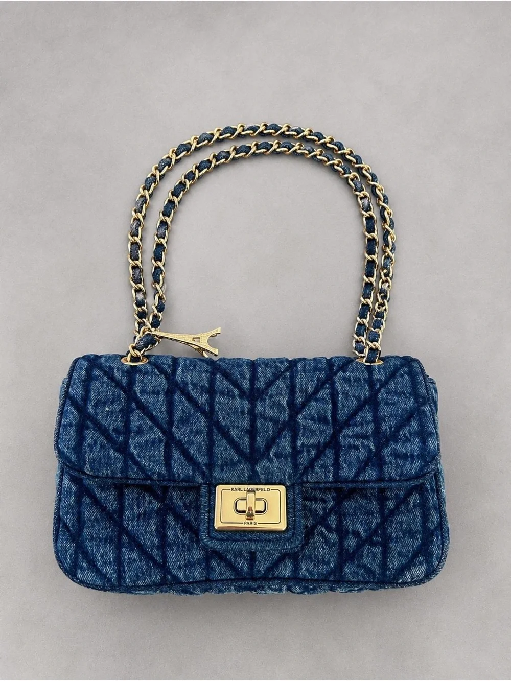 KARL LAGERFELD PARIS Blue Quilted Turn Lock Chain Strap Shoulder Bag